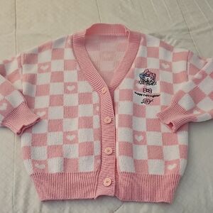 Pink Checkerboard Knit Cardigan for Kids with embroidered Sanrio character